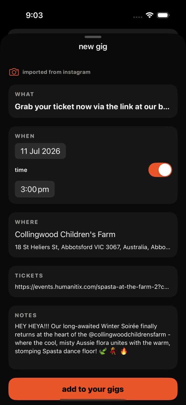 an instagram post resolved into a complete gig with date, venue and tickets